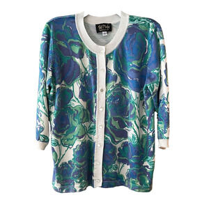 Bob Mackie Cardigan Large Blue Floral Wearable Art 3/4 Sleeve